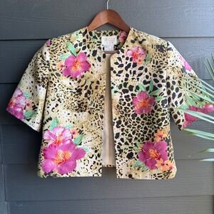 Silk Club 100% Silk Floral Leopard Print Open Front‎ Jacket Petite Vintage